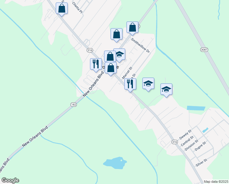 map of restaurants, bars, coffee shops, grocery stores, and more near 100-298 Hill Court in Houma