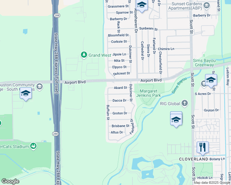 map of restaurants, bars, coffee shops, grocery stores, and more near 3027 Akard Street in Houston