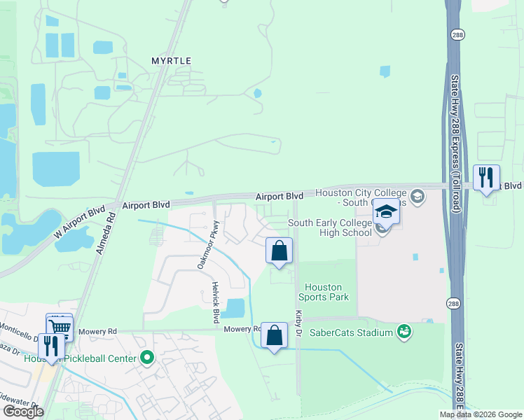 map of restaurants, bars, coffee shops, grocery stores, and more near Airport Blvd in Houston