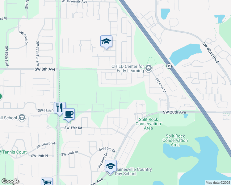 map of restaurants, bars, coffee shops, grocery stores, and more near 690 Queens Road in Gainesville