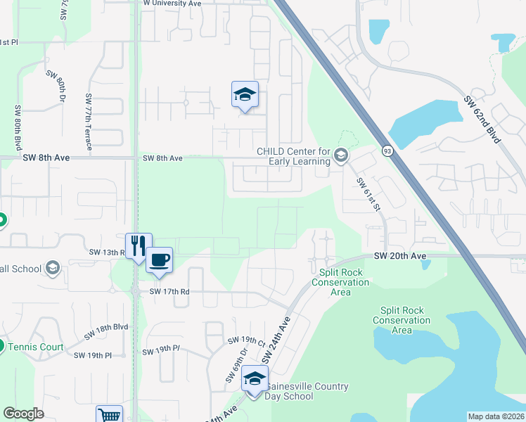 map of restaurants, bars, coffee shops, grocery stores, and more near 690 Queens Road in Gainesville