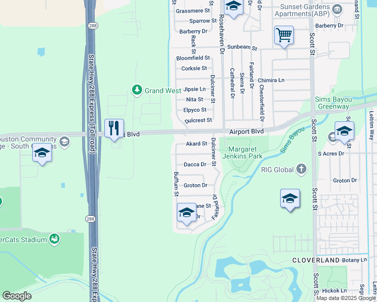 map of restaurants, bars, coffee shops, grocery stores, and more near 3027 Akard Street in Houston