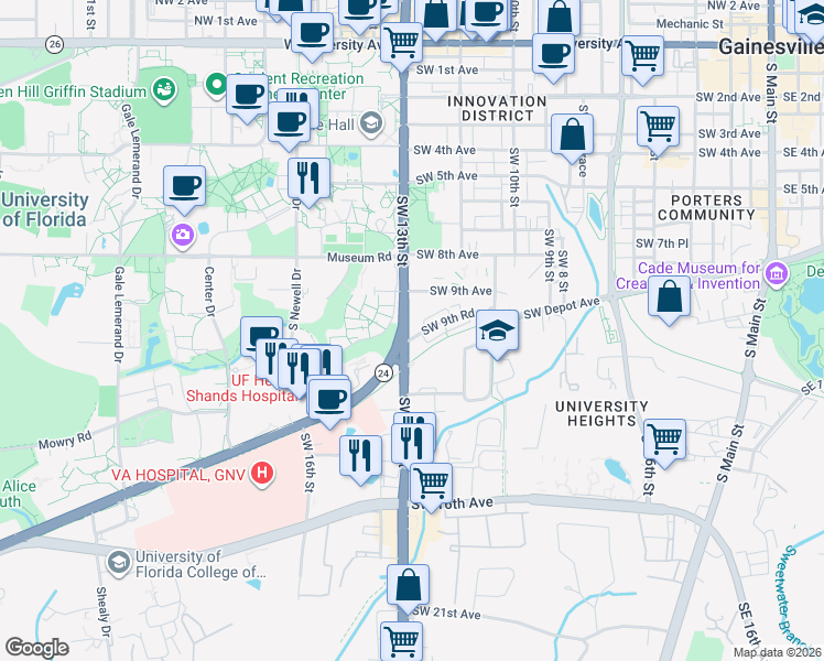 map of restaurants, bars, coffee shops, grocery stores, and more near 929 Southwest 13th Street in Gainesville