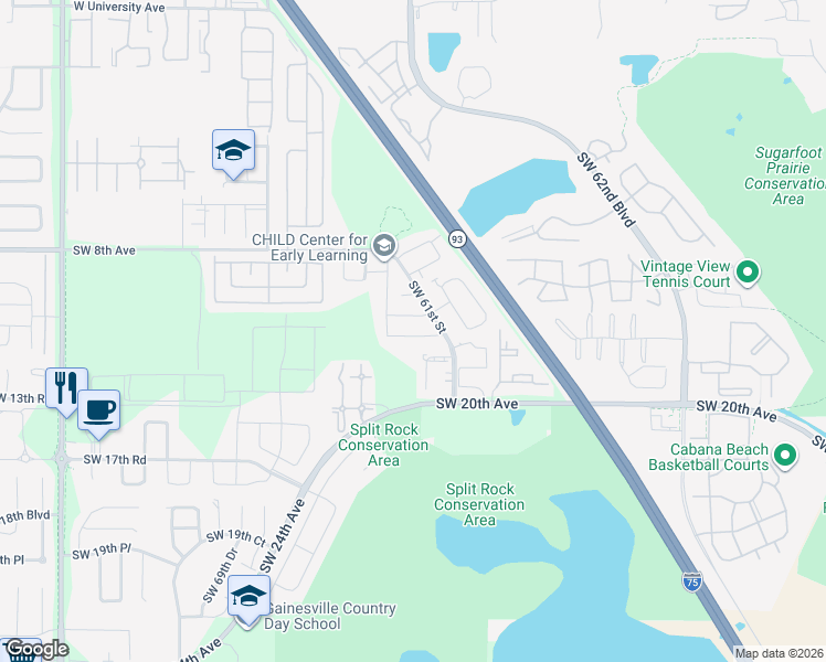 map of restaurants, bars, coffee shops, grocery stores, and more near 6124 Southwest 10th Place in Gainesville