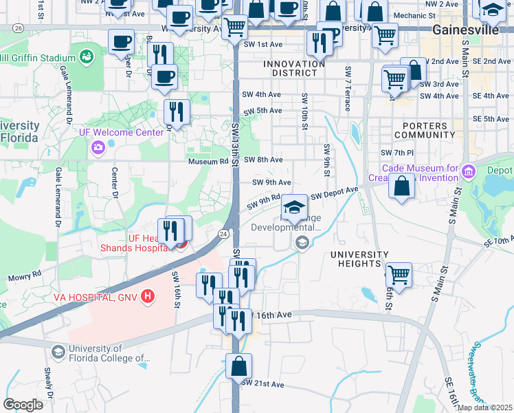 map of restaurants, bars, coffee shops, grocery stores, and more near 1208 Southwest 9th Road in Gainesville