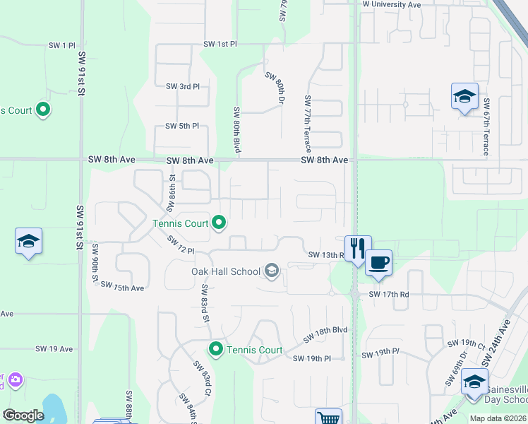 map of restaurants, bars, coffee shops, grocery stores, and more near 1020 Southwest 80th Terrace in Gainesville