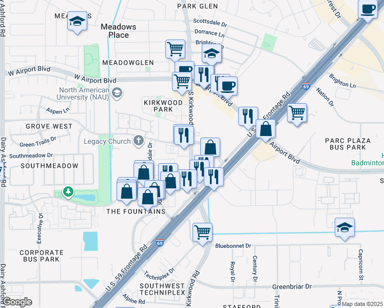 map of restaurants, bars, coffee shops, grocery stores, and more near 11620 Lebon Lane in Stafford