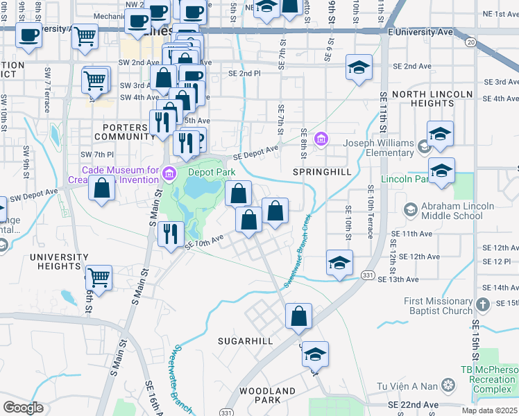map of restaurants, bars, coffee shops, grocery stores, and more near 930 Southeast 5th Street in Gainesville