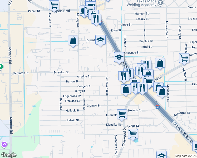 map of restaurants, bars, coffee shops, grocery stores, and more near 9323 Arledge Street in Houston