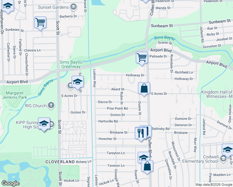 map of restaurants, bars, coffee shops, grocery stores, and more near 10710 Donegal Way in Houston