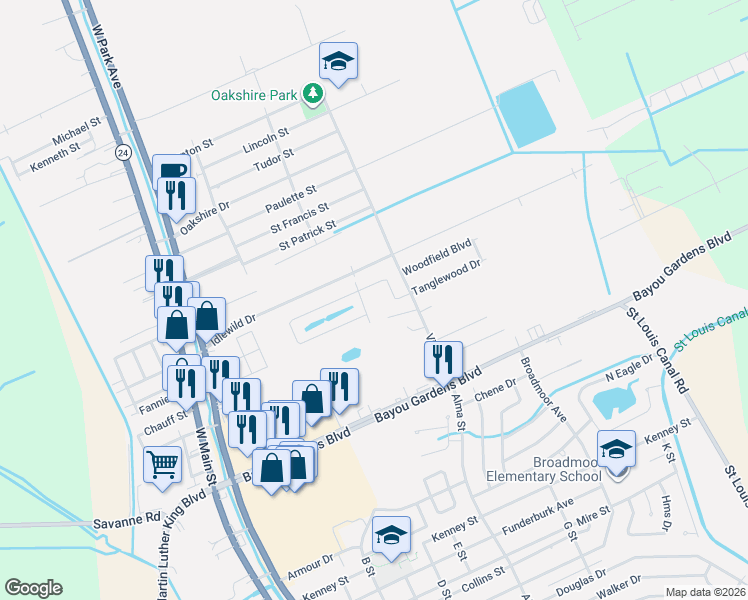 map of restaurants, bars, coffee shops, grocery stores, and more near 120 Ciera Drive in Houma