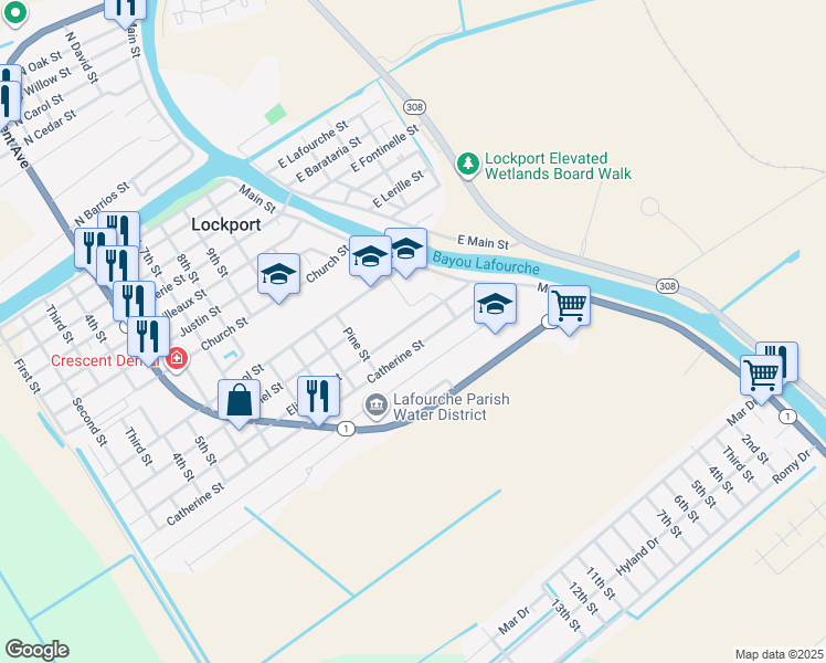 map of restaurants, bars, coffee shops, grocery stores, and more near Oak Street in Lockport