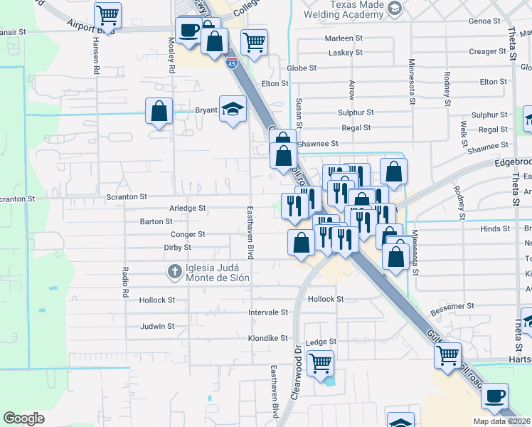 map of restaurants, bars, coffee shops, grocery stores, and more near 9413 Arledge Street in Houston