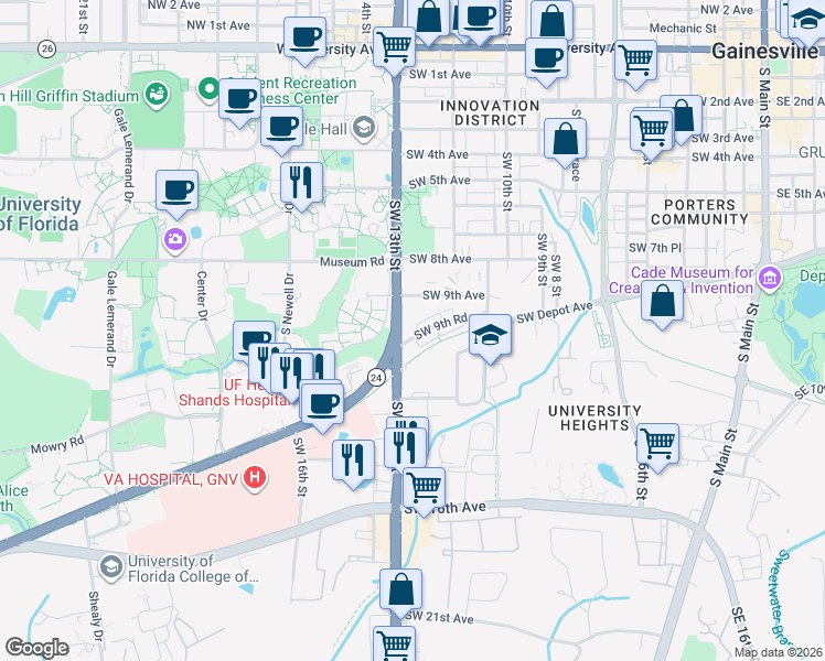 map of restaurants, bars, coffee shops, grocery stores, and more near 1208 Southwest 9th Road in Gainesville