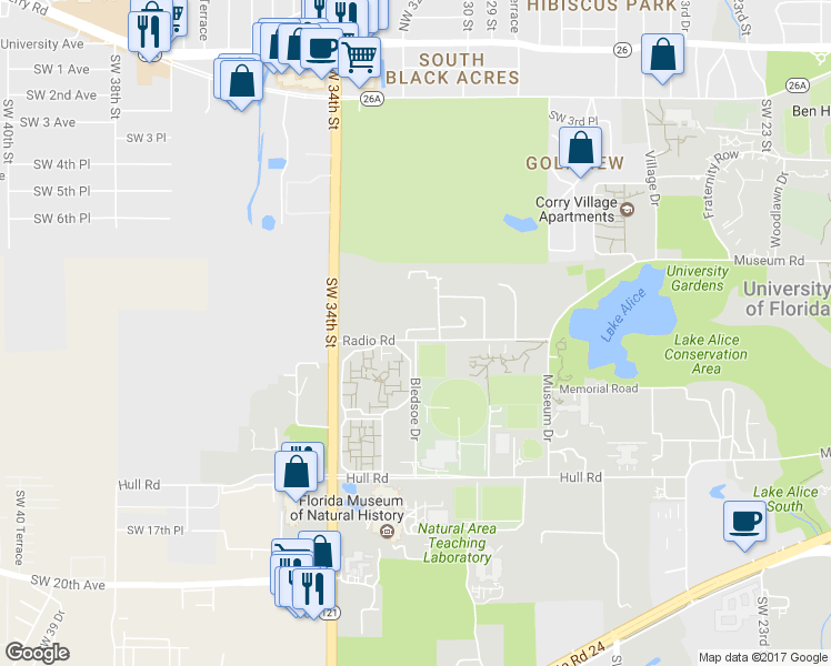 map of restaurants, bars, coffee shops, grocery stores, and more near 3190 Radio Road in Gainesville