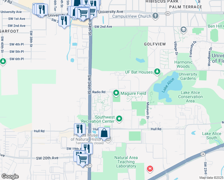 map of restaurants, bars, coffee shops, grocery stores, and more near 3190 Radio Road in Gainesville