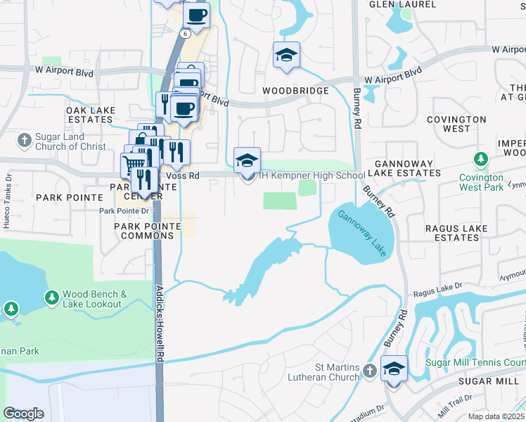 map of restaurants, bars, coffee shops, grocery stores, and more near 14777 Voss Road in Sugar Land