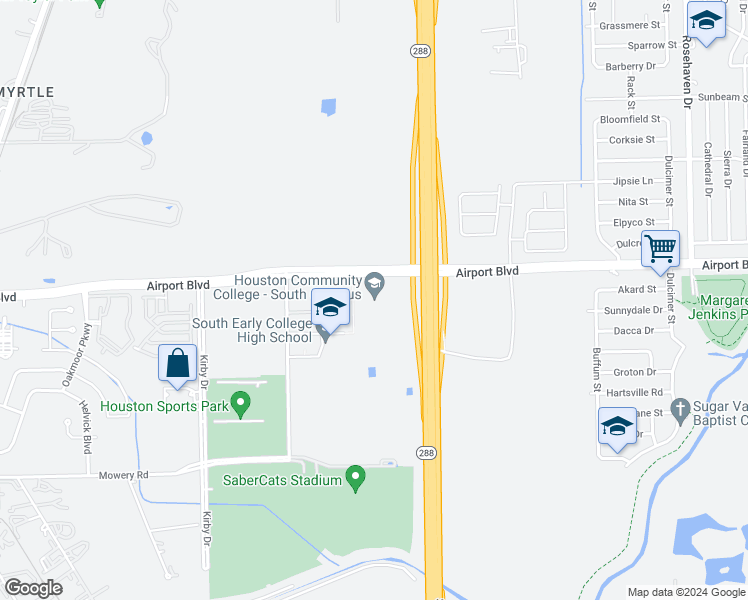 map of restaurants, bars, coffee shops, grocery stores, and more near 1990 Airport Boulevard in Houston