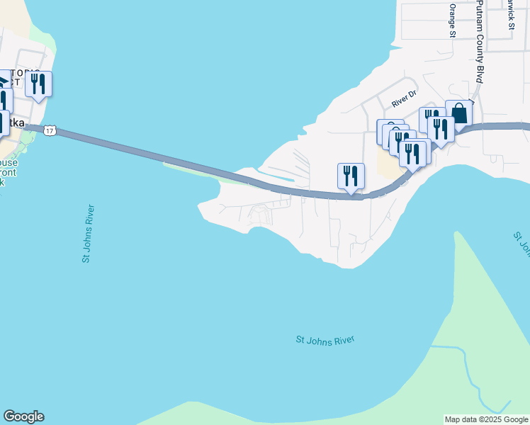 map of restaurants, bars, coffee shops, grocery stores, and more near 119 U.S. 17 in East Palatka
