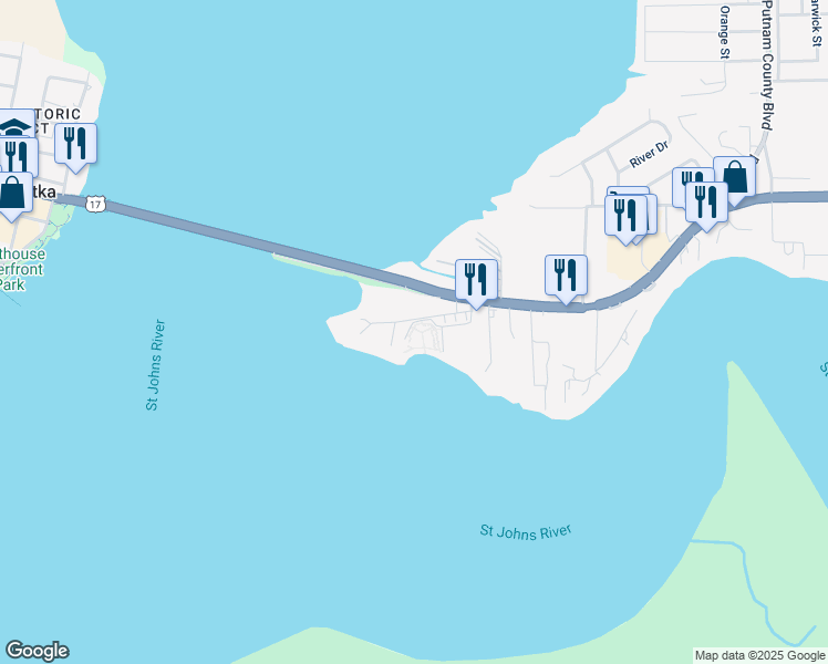 map of restaurants, bars, coffee shops, grocery stores, and more near 226 Hiawatha Court in East Palatka