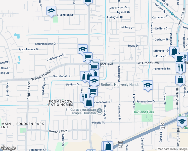 map of restaurants, bars, coffee shops, grocery stores, and more near 12311 Fondren Road in Houston