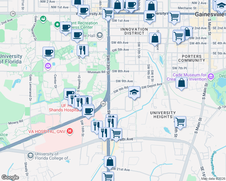 map of restaurants, bars, coffee shops, grocery stores, and more near 1208 Southwest 9th Road in Gainesville