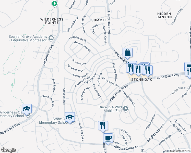map of restaurants, bars, coffee shops, grocery stores, and more near 25031 Flying Arrow in San Antonio