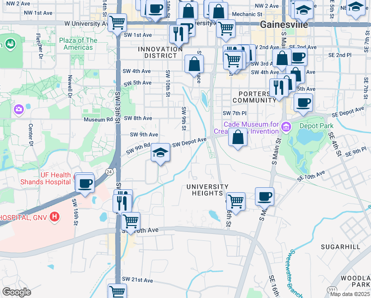 map of restaurants, bars, coffee shops, grocery stores, and more near in Gainesville