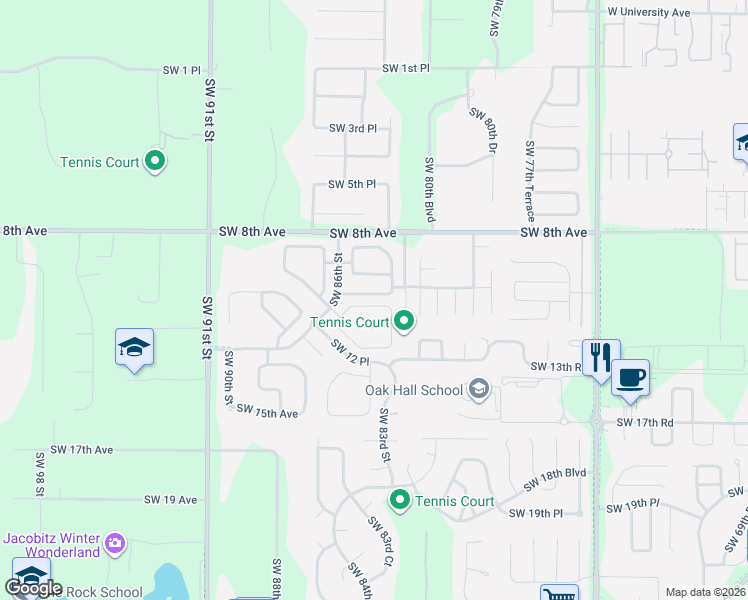 map of restaurants, bars, coffee shops, grocery stores, and more near 8450 Southwest 10th Place in Gainesville