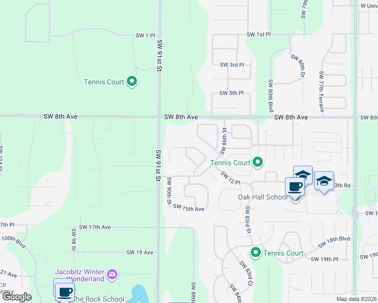 map of restaurants, bars, coffee shops, grocery stores, and more near 8916 Southwest 11 Avenue in Gainesville
