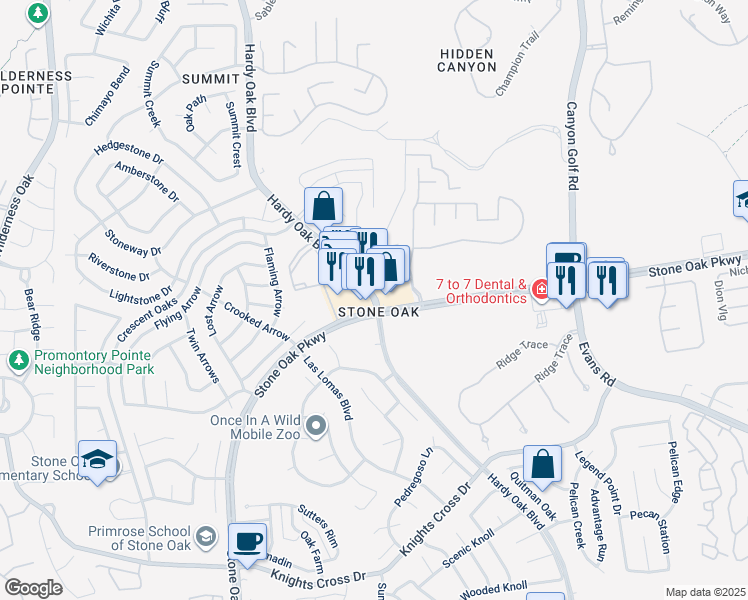 map of restaurants, bars, coffee shops, grocery stores, and more near 21639 Hardy Oak Boulevard in San Antonio