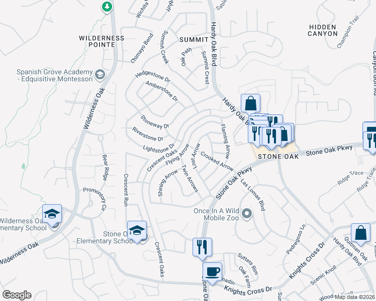 map of restaurants, bars, coffee shops, grocery stores, and more near 25031 Flying Arrow in San Antonio