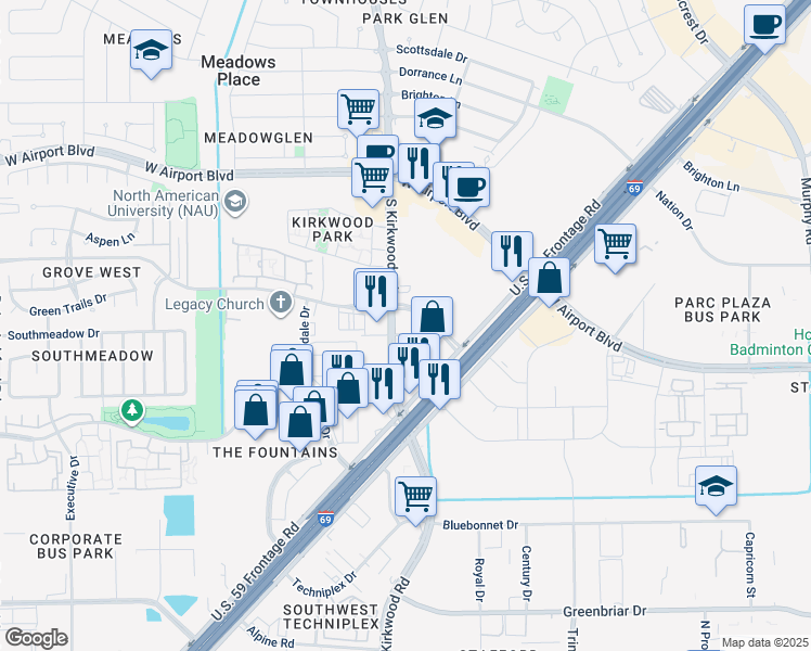 map of restaurants, bars, coffee shops, grocery stores, and more near 11620 Lebon Lane in Stafford
