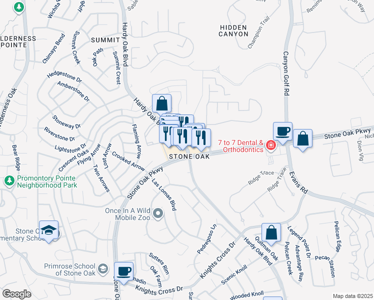 map of restaurants, bars, coffee shops, grocery stores, and more near Hardy Oak Boulevard in San Antonio