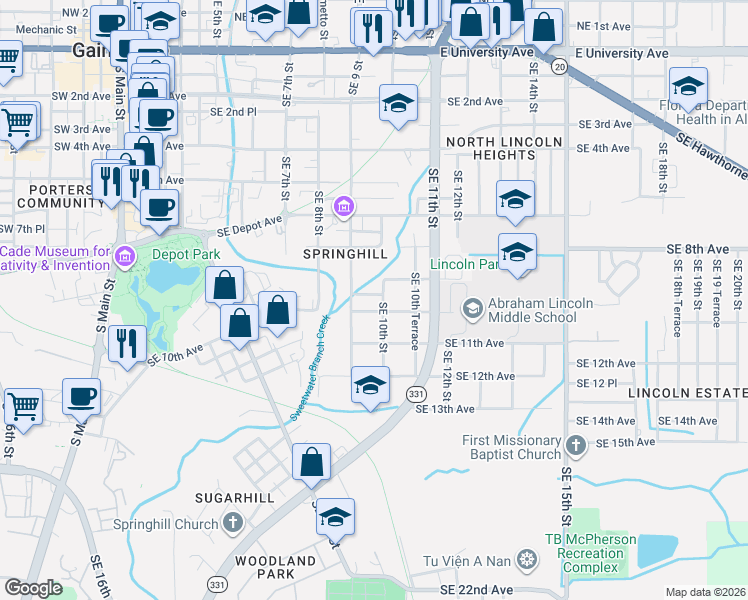 map of restaurants, bars, coffee shops, grocery stores, and more near 938 Southeast 9th Place in Gainesville