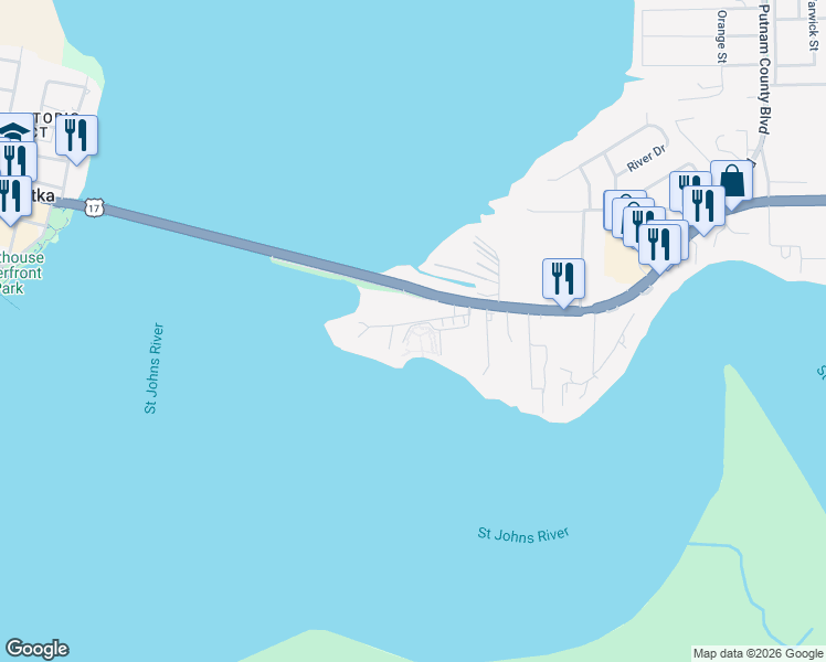 map of restaurants, bars, coffee shops, grocery stores, and more near 226 Hiawatha Court in East Palatka