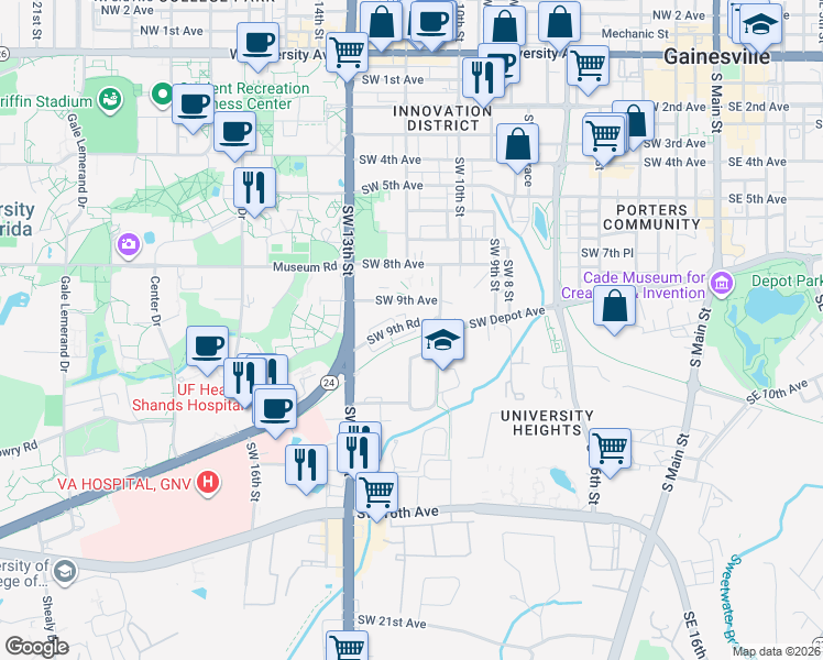 map of restaurants, bars, coffee shops, grocery stores, and more near 1185 Southwest 9th Road in Gainesville