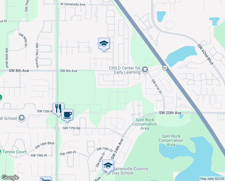 map of restaurants, bars, coffee shops, grocery stores, and more near 690 Queens Road in Gainesville