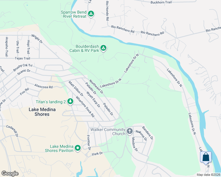 map of restaurants, bars, coffee shops, grocery stores, and more near 1721 Lakeshore Drive North in Bandera