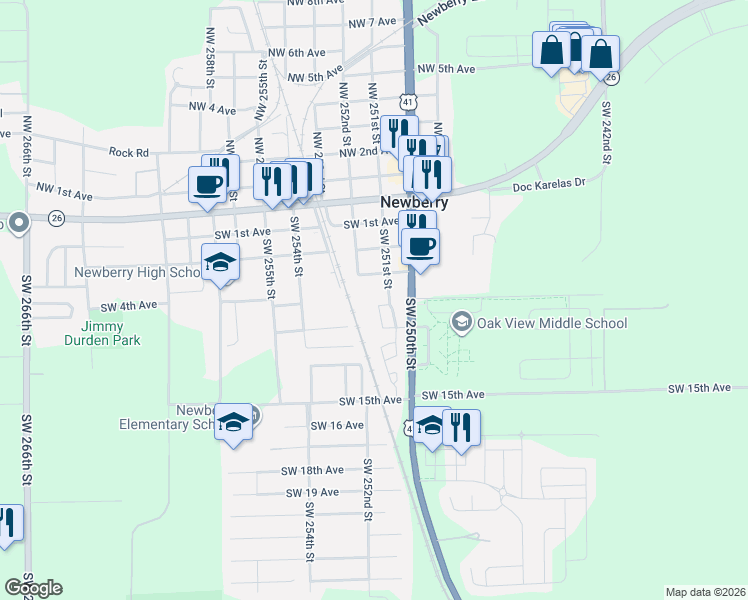 map of restaurants, bars, coffee shops, grocery stores, and more near 420 Southwest 251st Street in Newberry