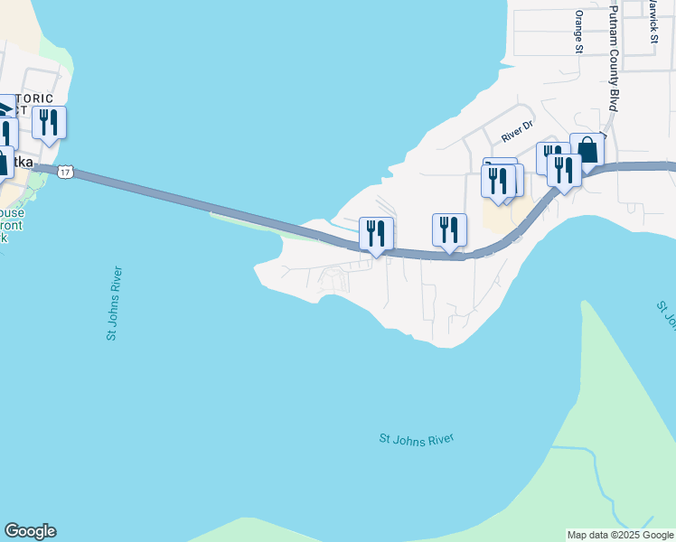 map of restaurants, bars, coffee shops, grocery stores, and more near 119 U.S. 17 in East Palatka