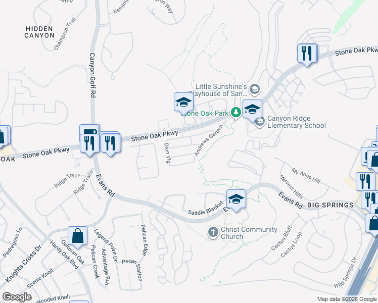 map of restaurants, bars, coffee shops, grocery stores, and more near 1323 Whitby Tower in San Antonio