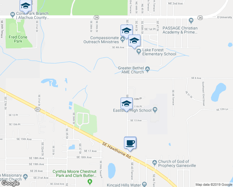 map of restaurants, bars, coffee shops, grocery stores, and more near 975 Southeast 41 Drive in Gainesville