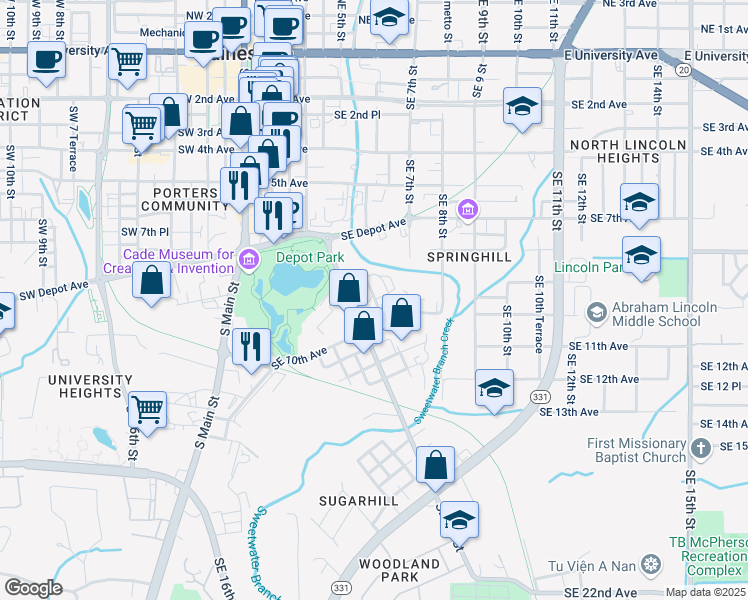map of restaurants, bars, coffee shops, grocery stores, and more near 930 Southeast 5th Street in Gainesville