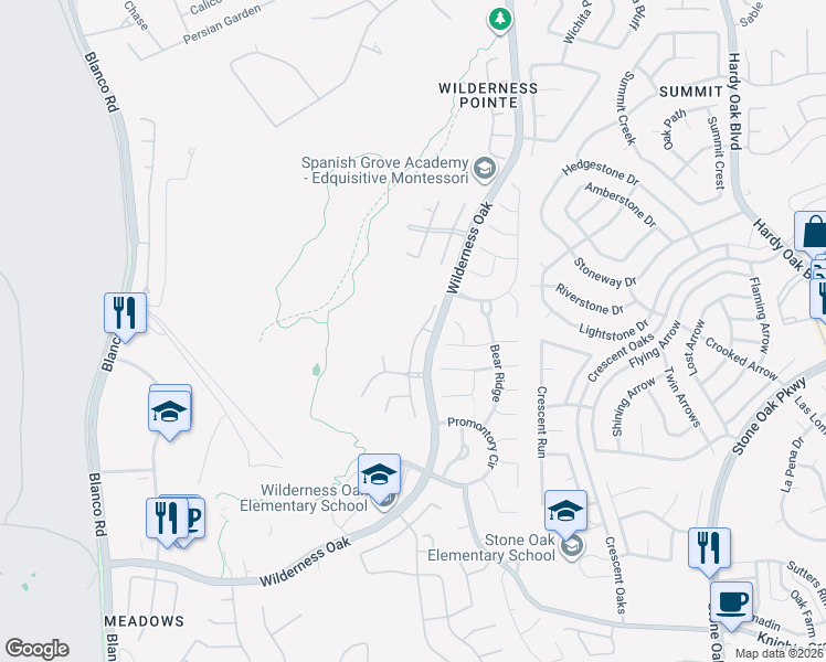 map of restaurants, bars, coffee shops, grocery stores, and more near 21527 Beaver Brk in San Antonio