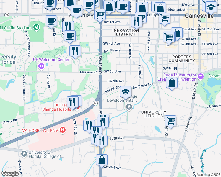 map of restaurants, bars, coffee shops, grocery stores, and more near 1208 Southwest 9th Road in Gainesville