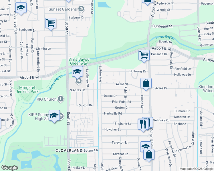 map of restaurants, bars, coffee shops, grocery stores, and more near 4118 Akard Street in Houston