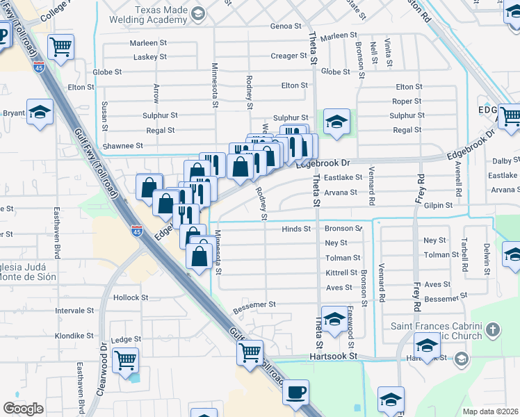 map of restaurants, bars, coffee shops, grocery stores, and more near 2506 Rodney Street in Houston