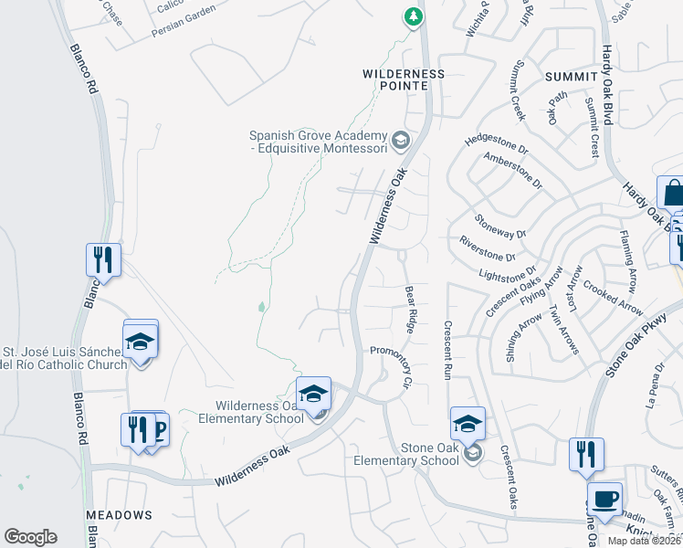 map of restaurants, bars, coffee shops, grocery stores, and more near 21527 Beaver Brk in San Antonio