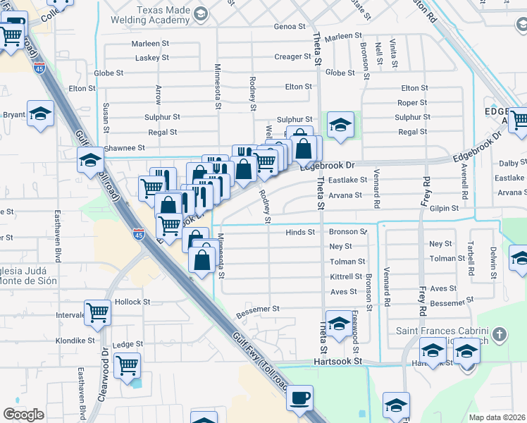 map of restaurants, bars, coffee shops, grocery stores, and more near 2506 Rodney Street in Houston